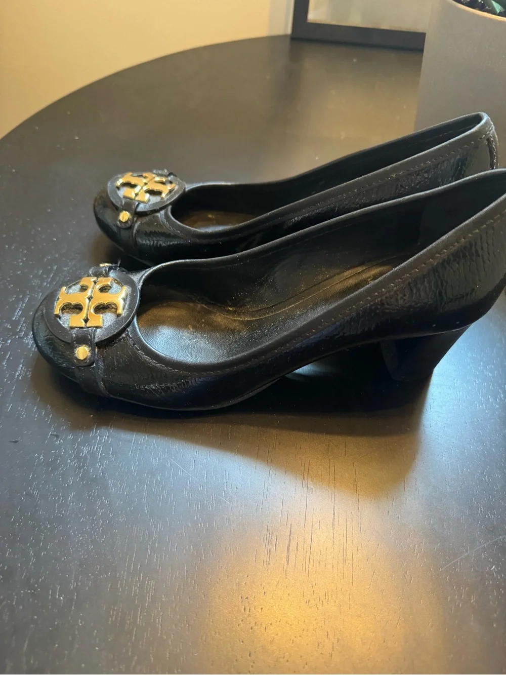 Tory Burch Black Patent Leather Ballet Block Heels with Gold Logo Emblem